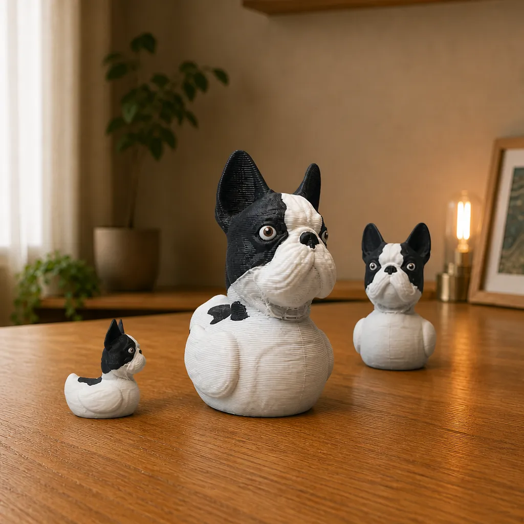 Verzameling van drie Franse bulldog-eendfiguurtjes in verschillende groottes, met het grootste figuurtje vooraan.