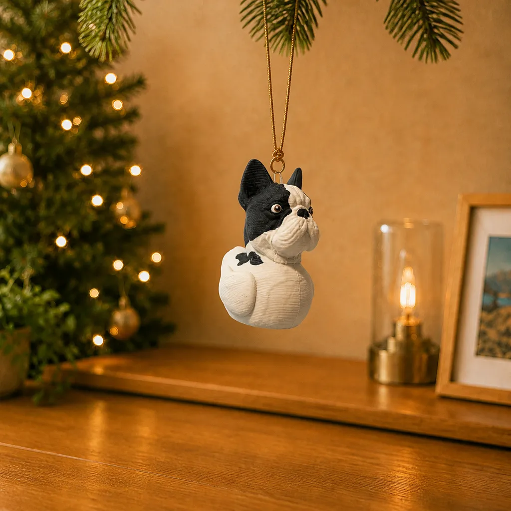 Wit en chocolade Franse bulldog-eendfiguurtje dat aan een fijne ketting boven een houten bureau hangt.