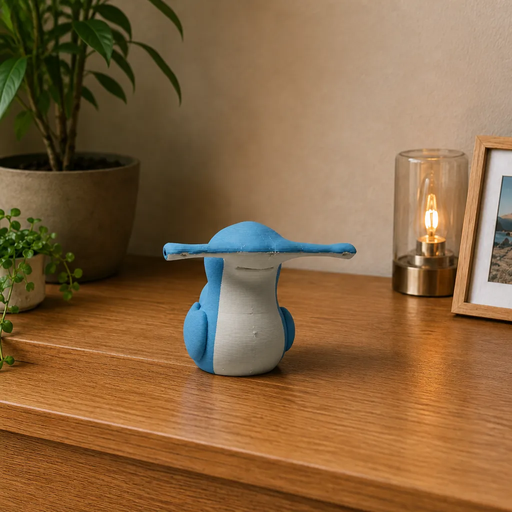 Hammerhead Shark Duck-figuur in hemelblauw en wit, recht van voren op een houten kast.