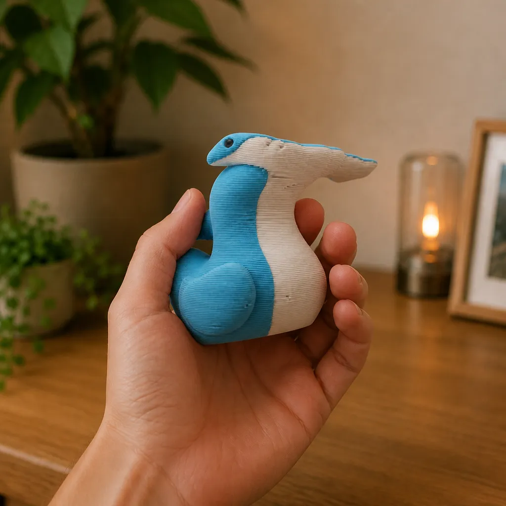 Hammerhead Shark Duck-figuur in een hand, met zichtbaar zijaanzicht van de blauwe staart en witte buik.