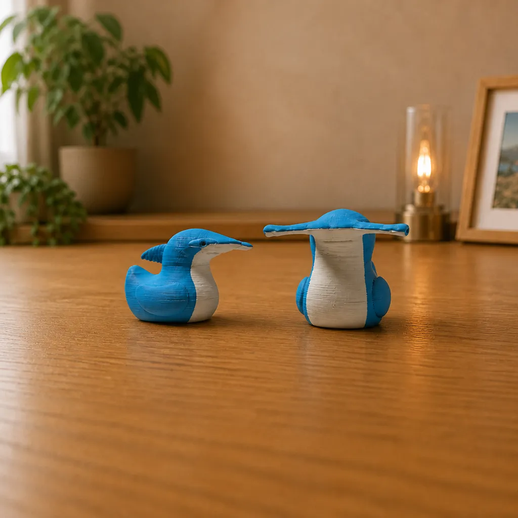 Twee Hammerhead Shark Duck-figuren op een houten blad, een kleine links en een grotere rechts.