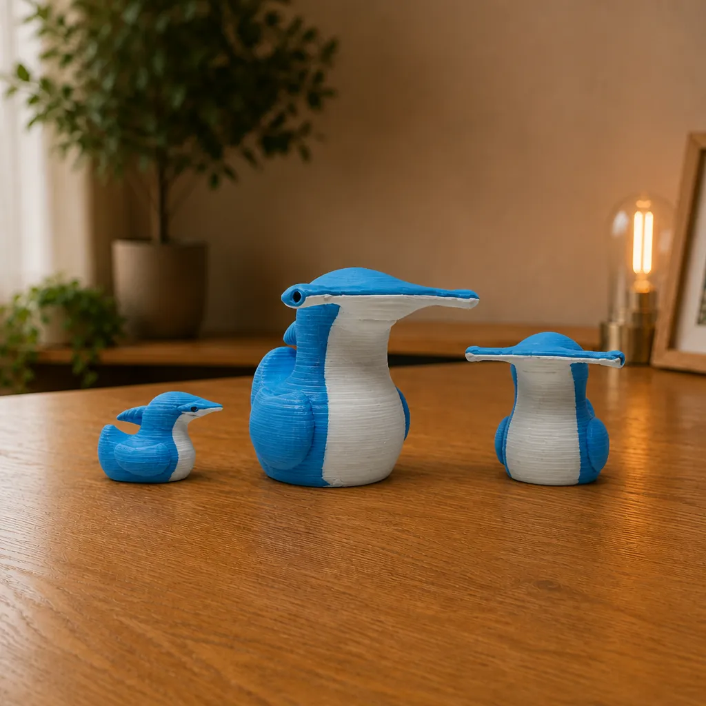 Drie Hammerhead Shark Duck-figuren in verschillende formaten, naast elkaar op een houten tafel.