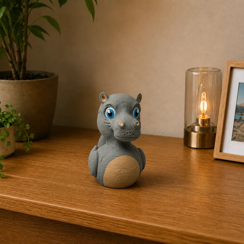 Grijze nijlpaard eend decoratie met blauwe ogen en beige buik, recht van voren op een houten dressoir.