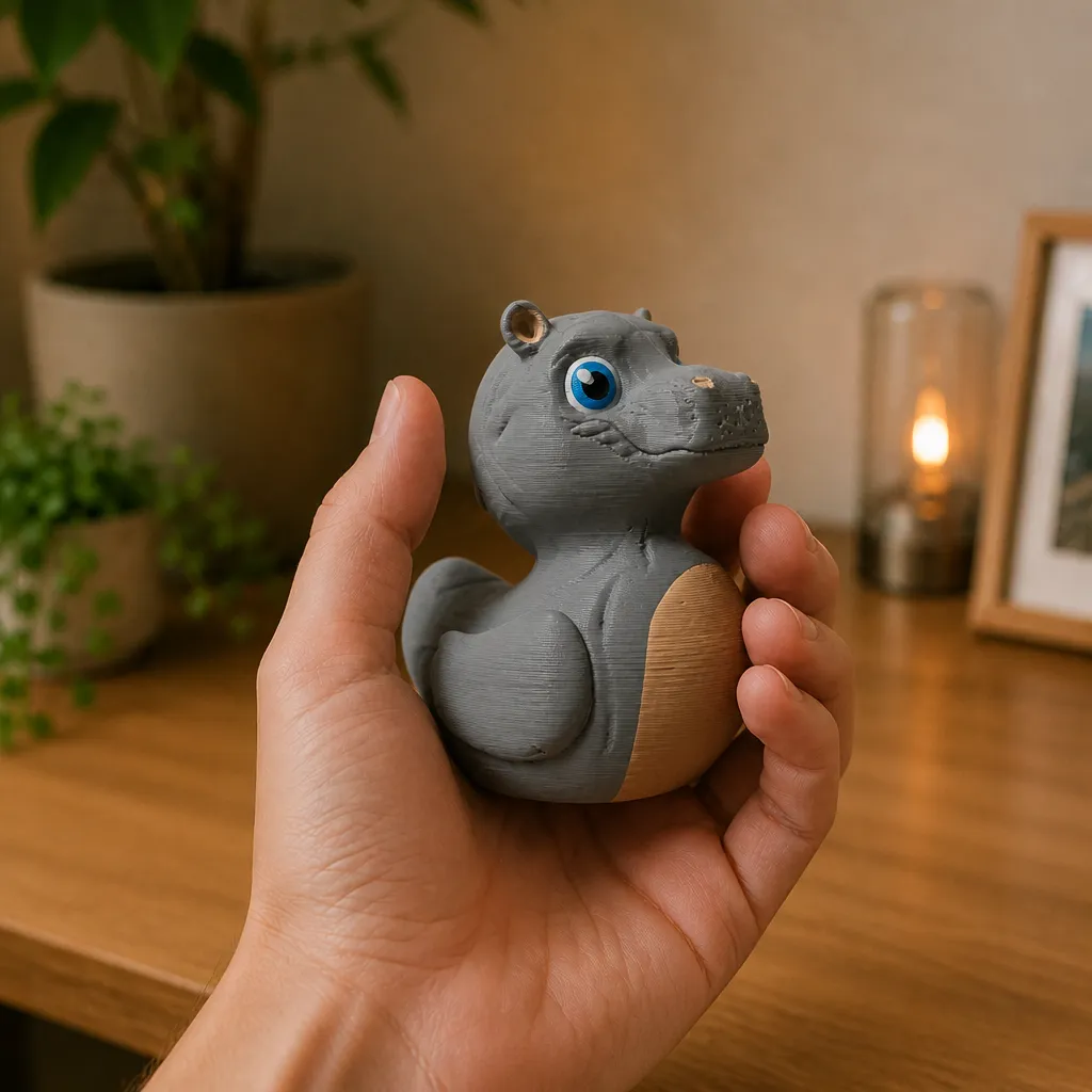 Nijlpaard eend decoratie van dichtbij in een hand, met zichtbaar zijaanzicht, ronde staart en beige buik.