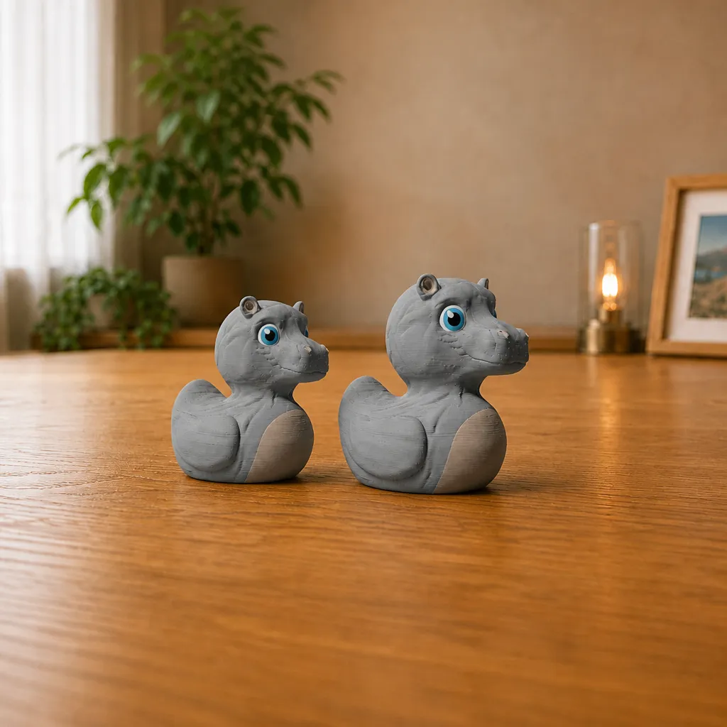 Twee grijze nijlpaard eend decoraties staan naast elkaar op een houten tafel, beide in zijaanzicht.