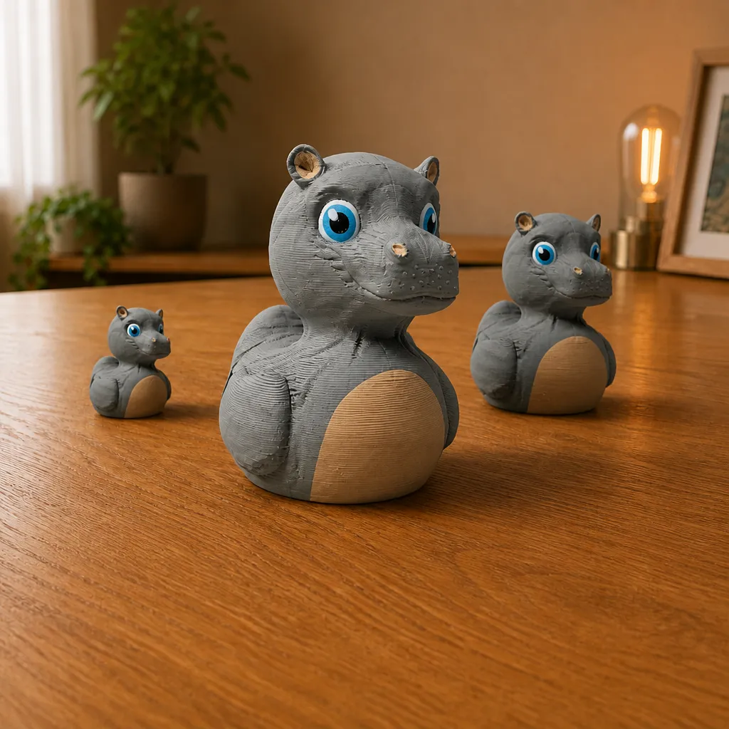 Drie nijlpaard eend decoraties in verschillende formaten op een houten tafel, met de grootste vooraan.