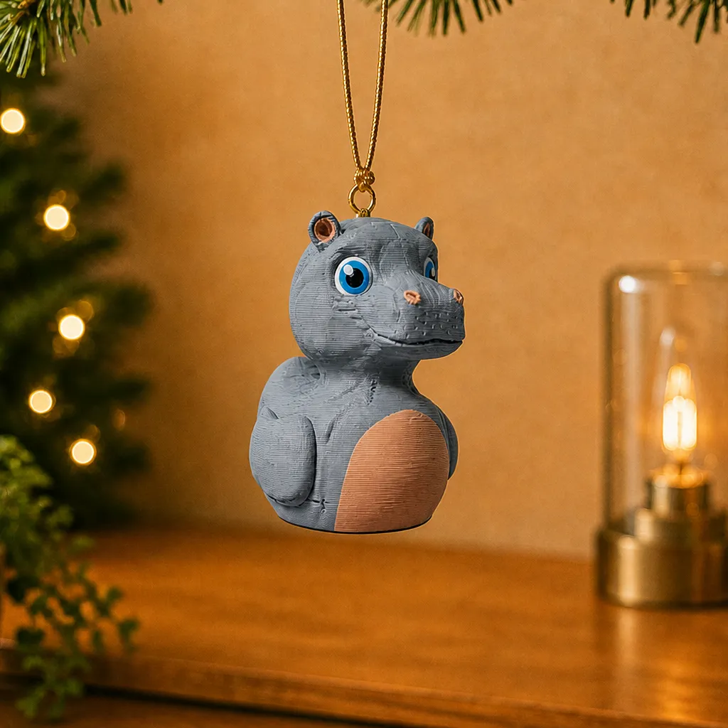 Grijze nijlpaard eend hangt aan een gouden koord onder groene takken als kerstboomdecoratie.