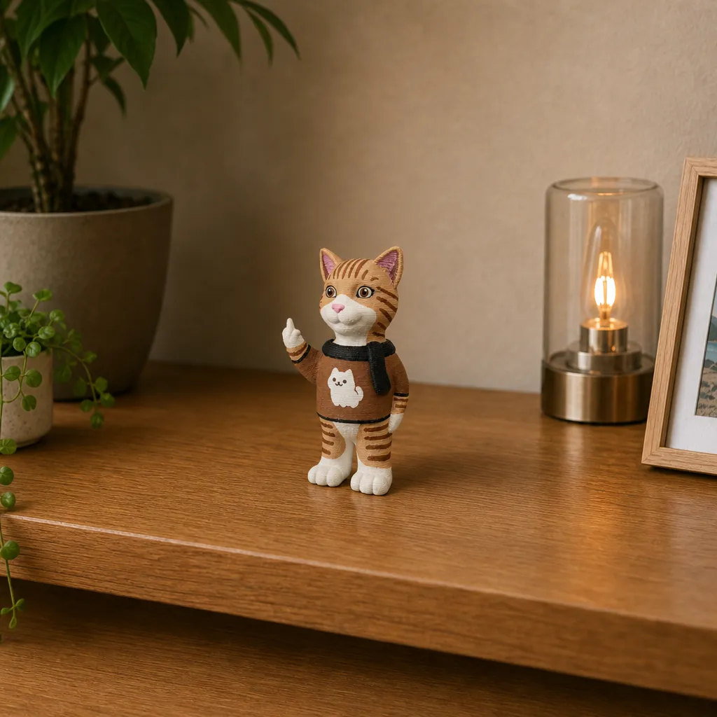 Kleine tijgerkat met opgestoken middelvinger op een houten plank naast een lamp en plantenpot.