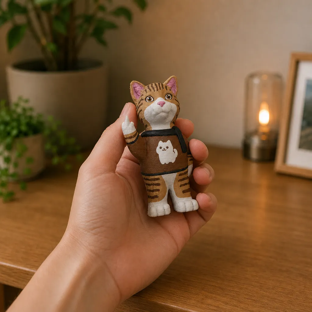 Tijgerkat met middelvinger wordt in een hand vastgehouden; de bruine trui en gestreepte poten zijn duidelijk zichtbaar.