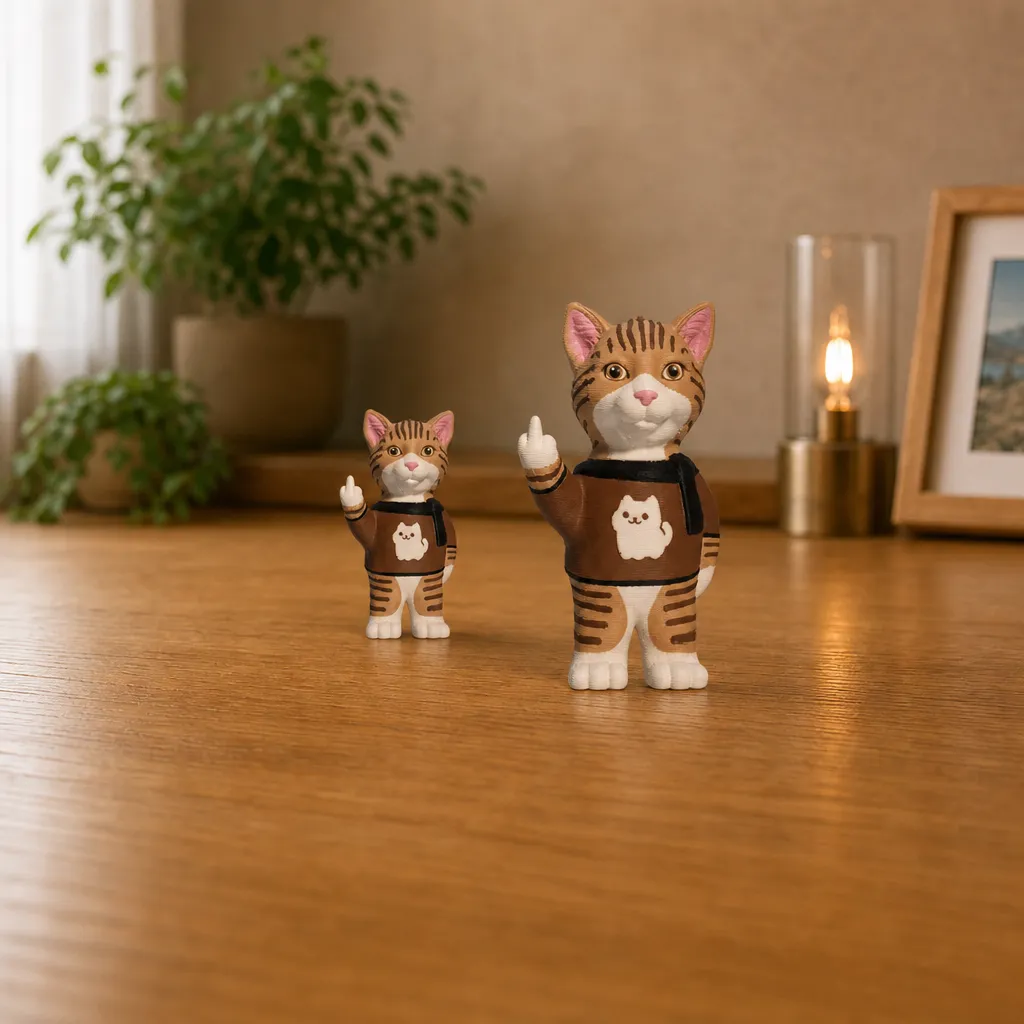 Twee tijgerkatten met middelvinger staan naast elkaar op een houten plank, waarbij de rechter groter is.
