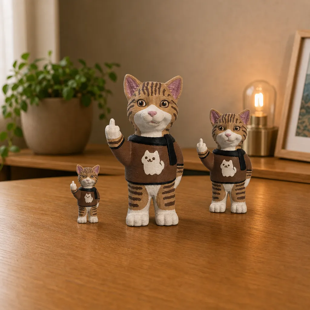 Drie tijgerkatten met middelvinger in oplopende grootte staan samen op een houten bureau.