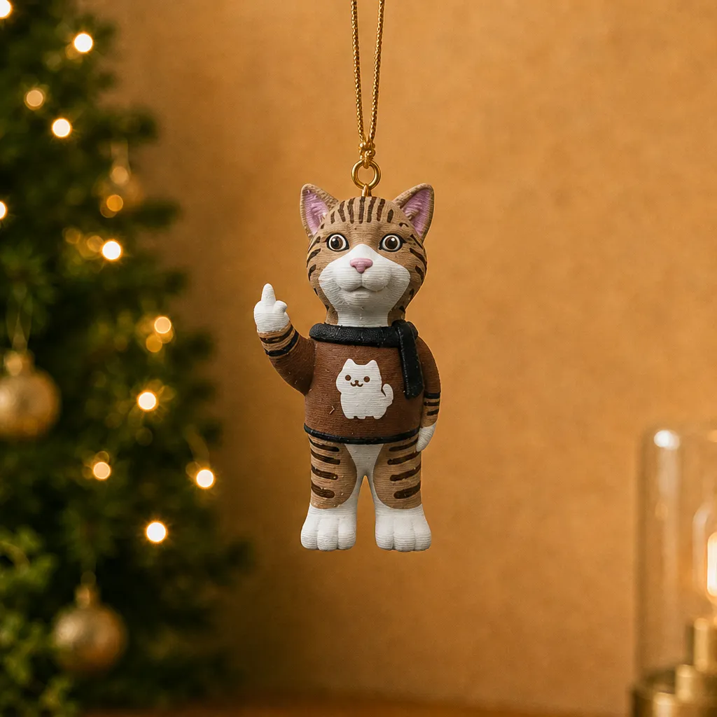 Tijgerkat met middelvinger hangt aan een gouden koord voor een onscherpe kerstboom met lichtjes.