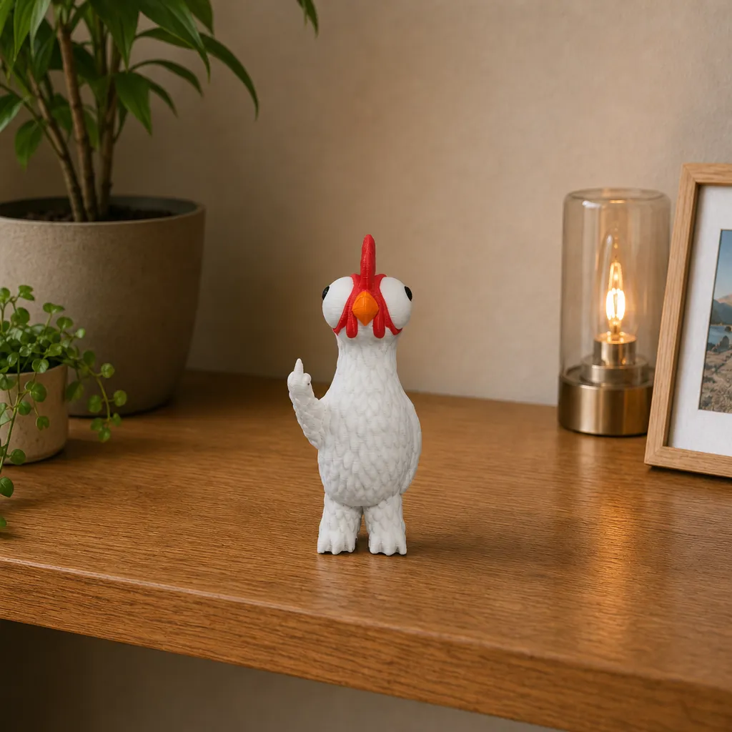 Kip met attitude en opgestoken middelvinger op de rand van een houten plank, naast een lamp en planten.