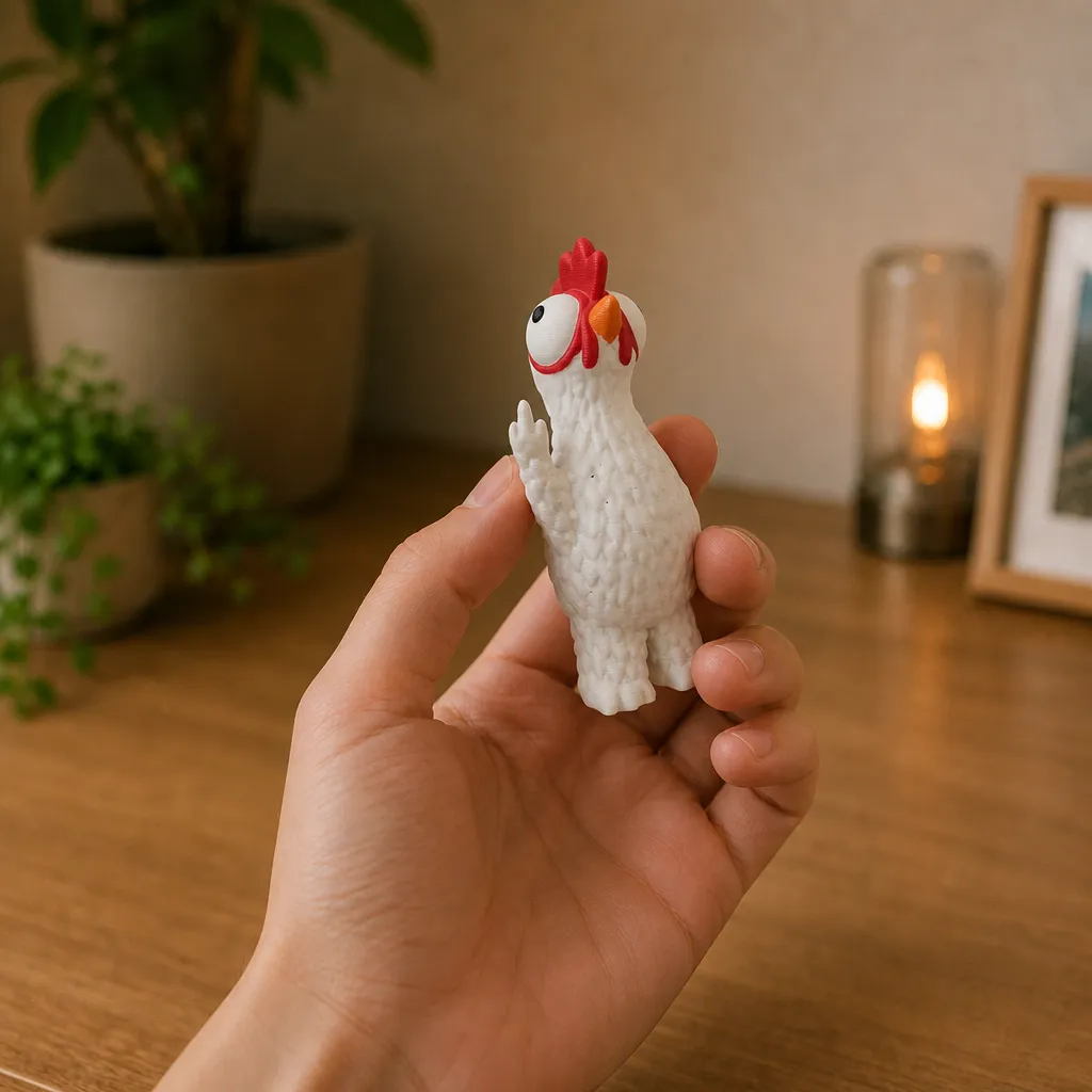 Witte bureau-kip met rode kam en opgestoken middelvinger, vastgehouden in een hand voor schaal.