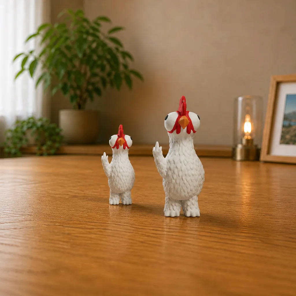 Twee witte kippen met opgestoken middelvinger in verschillende formaten naast elkaar op een houten bureau.
