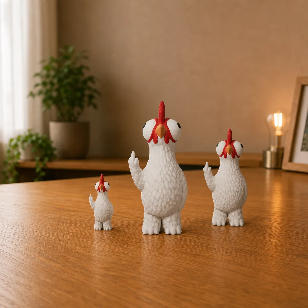 Drie witte kippen met opgestoken middelvinger in oplopende formaten op een houten bureau.