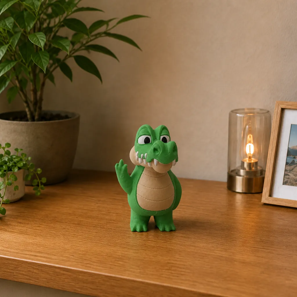 Staande krokodil als plankdecoratie op een houten bureau, met plant, lamp en fotolijst op de achtergrond.