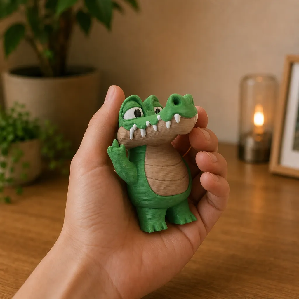 Groene krokodil met tanden en opgestoken hand, vastgehouden in een hand voor een indruk van de schaal.