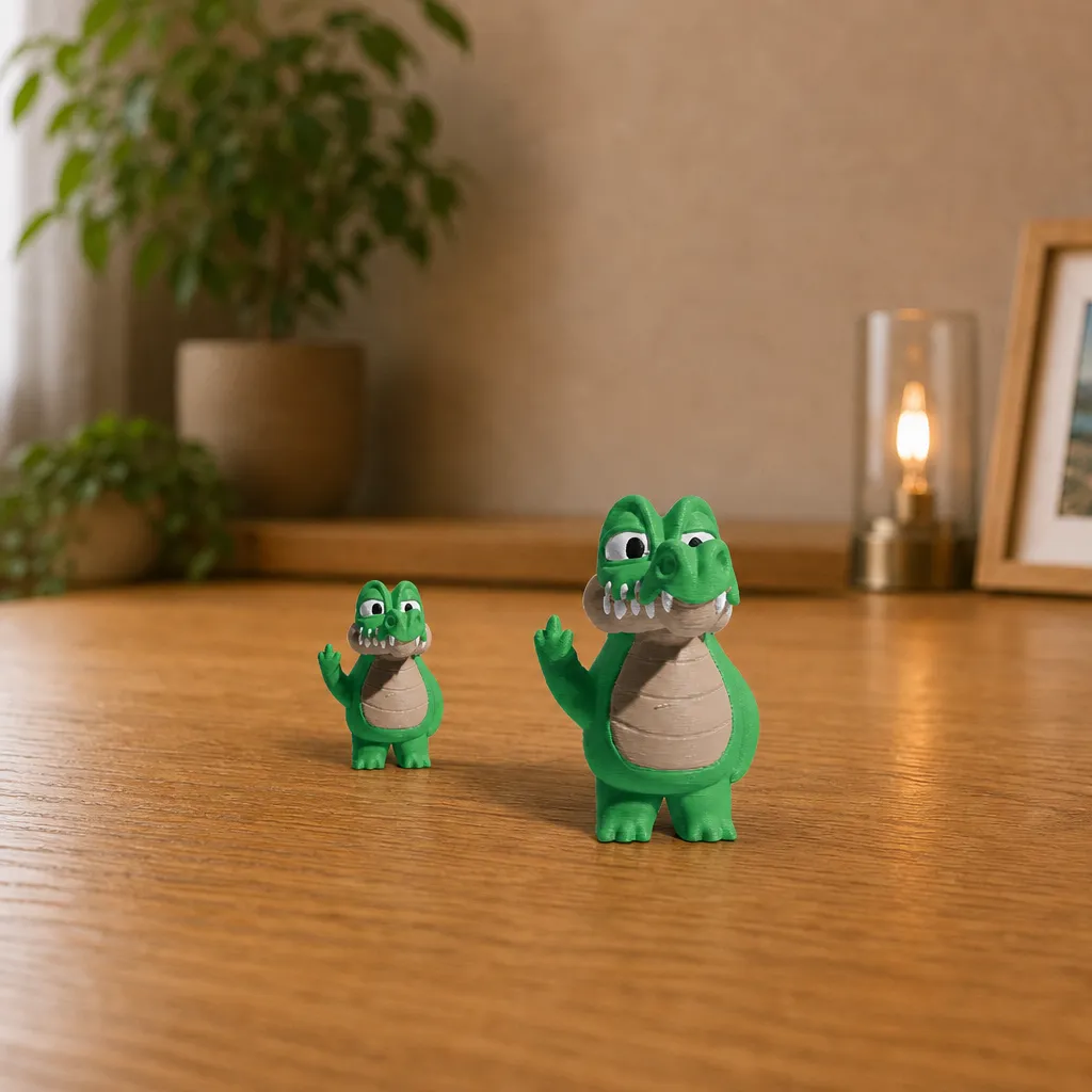 Twee staande krokodillen naast elkaar op een houten bureau, waarbij de linker duidelijk kleiner is.