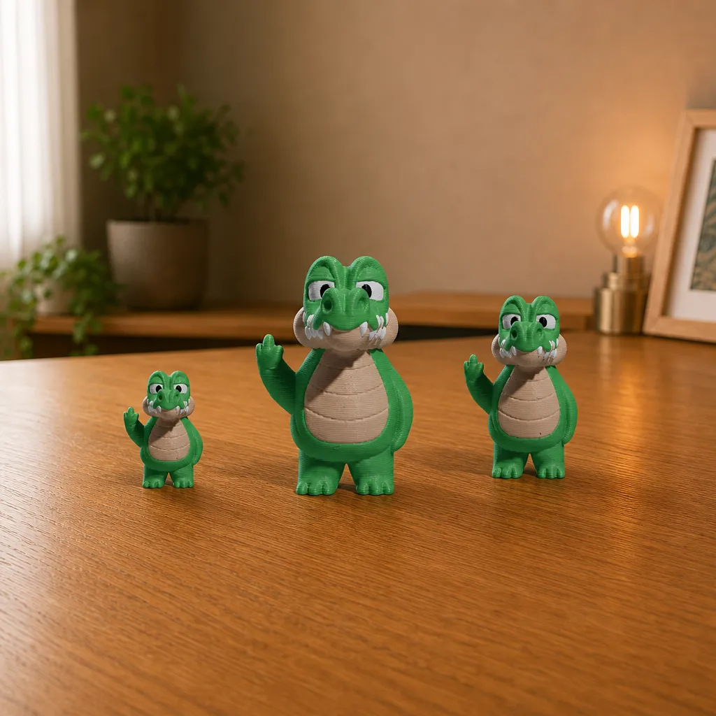 Drie groene krokodillen met beige buik in verschillende formaten, opgesteld op een houten plank.
