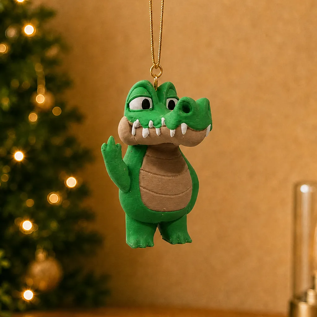Groene krokodil met opgestoken hand die aan een gouden koord hangt, voor een verlichte kerstboom.