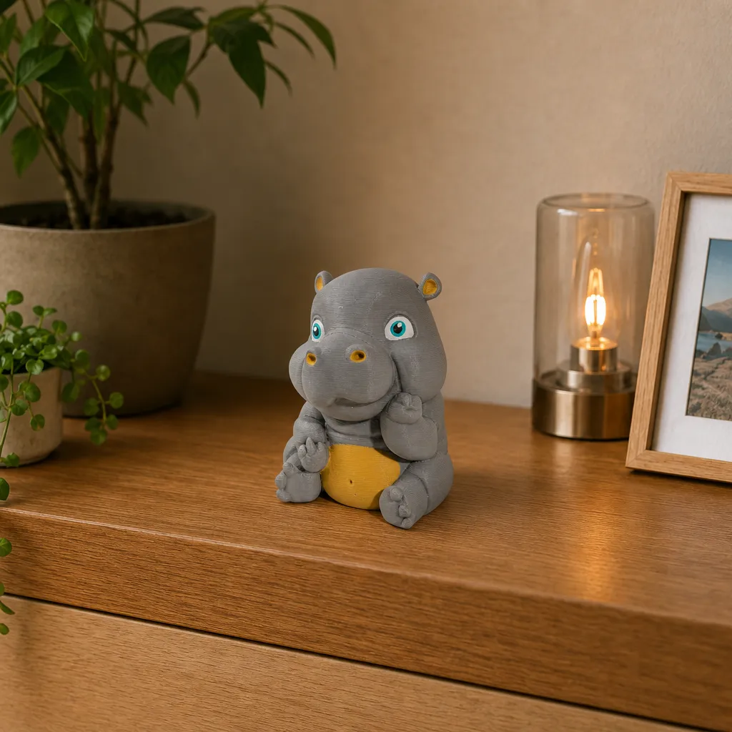 Klein nijlpaardbeeldje op een houten plank, gefotografeerd schuin van voren naast een brandende lamp.