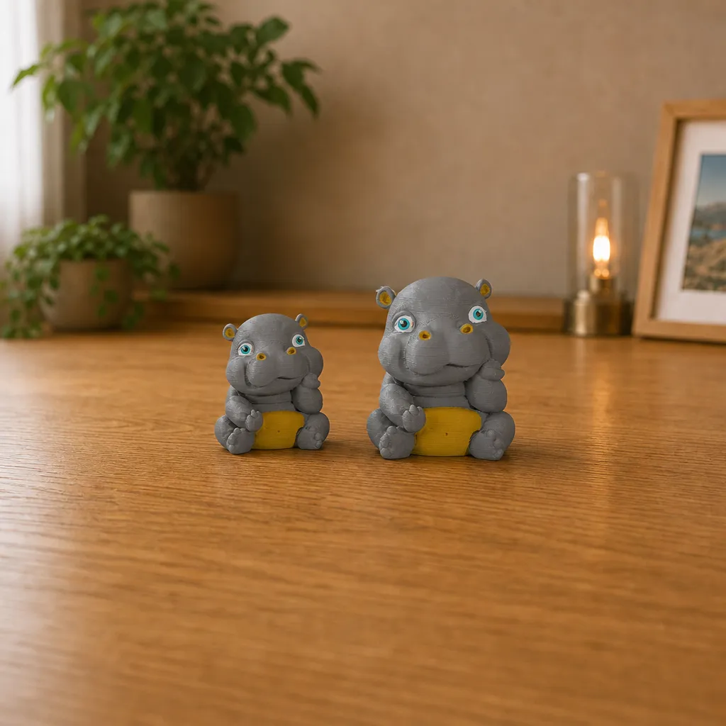 Twee grijze nijlpaardbeeldjes met gele buik staan naast elkaar op een houten bureau.