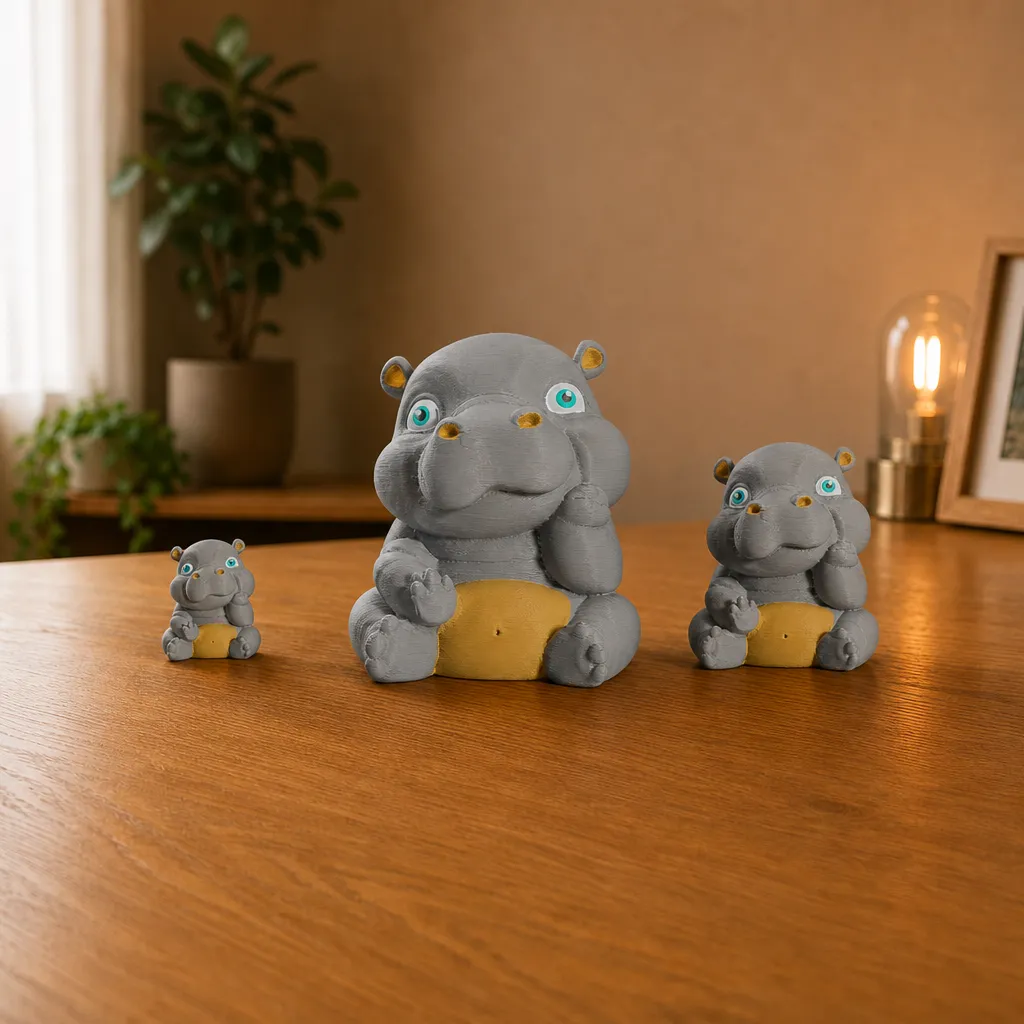 Drie nijlpaardbeeldjes in verschillende formaten staan op een houten bureau, met het grootste in het midden.