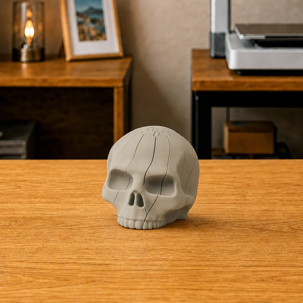 Groot botwit doodshoofd-fidget op een houten tafel, schuin van voren gefotografeerd met verticale lijnen over de schedel.