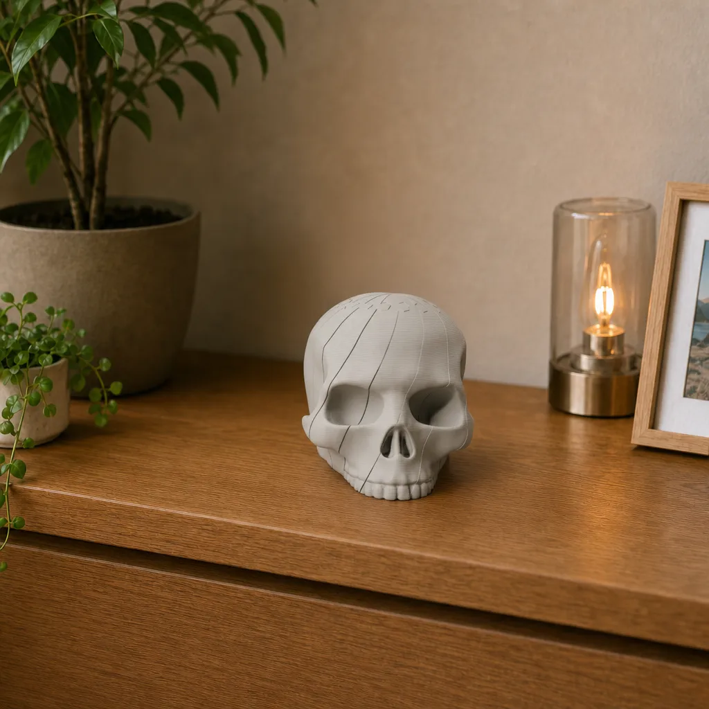 Botwit halloween doodshoofd als fidget, recht van voren op een houten bureau met diepe oogkassen en zichtbare tanden.