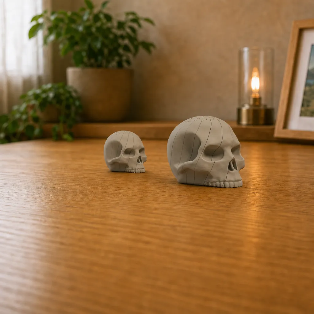 Twee botwitte doodshoofd-fidgets op een houten bureau, waarbij het voorste exemplaar van opzij zichtbaar is.