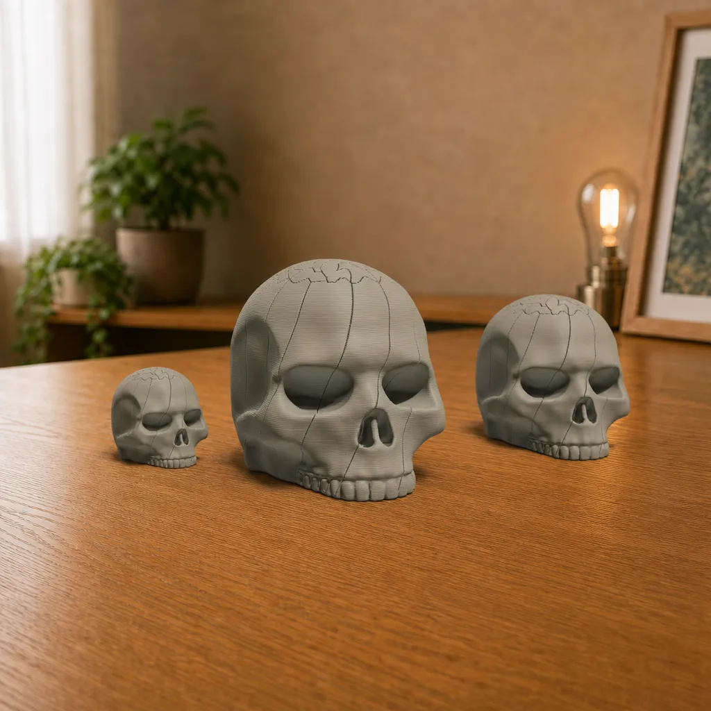 Drie botwitte doodshoofd-fidgets in verschillende formaten op een houten bureau, met het grootste exemplaar vooraan.