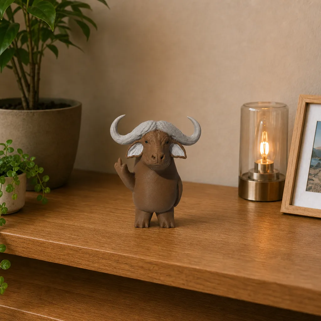Driekwart van links: Unieke Buffelhoorn Wanddecoratie in Bambu PLA, 3D-geprint, perfect voor moderne interieurstijl en huisdecoratie