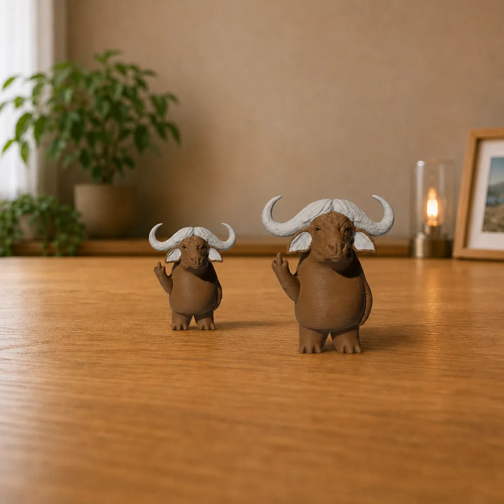 Driekwart zicht op twee 3D-geprinte buffelhoorn wanddecoraties van PLA, in verschillende formaten op een houten tafel voor schaal.