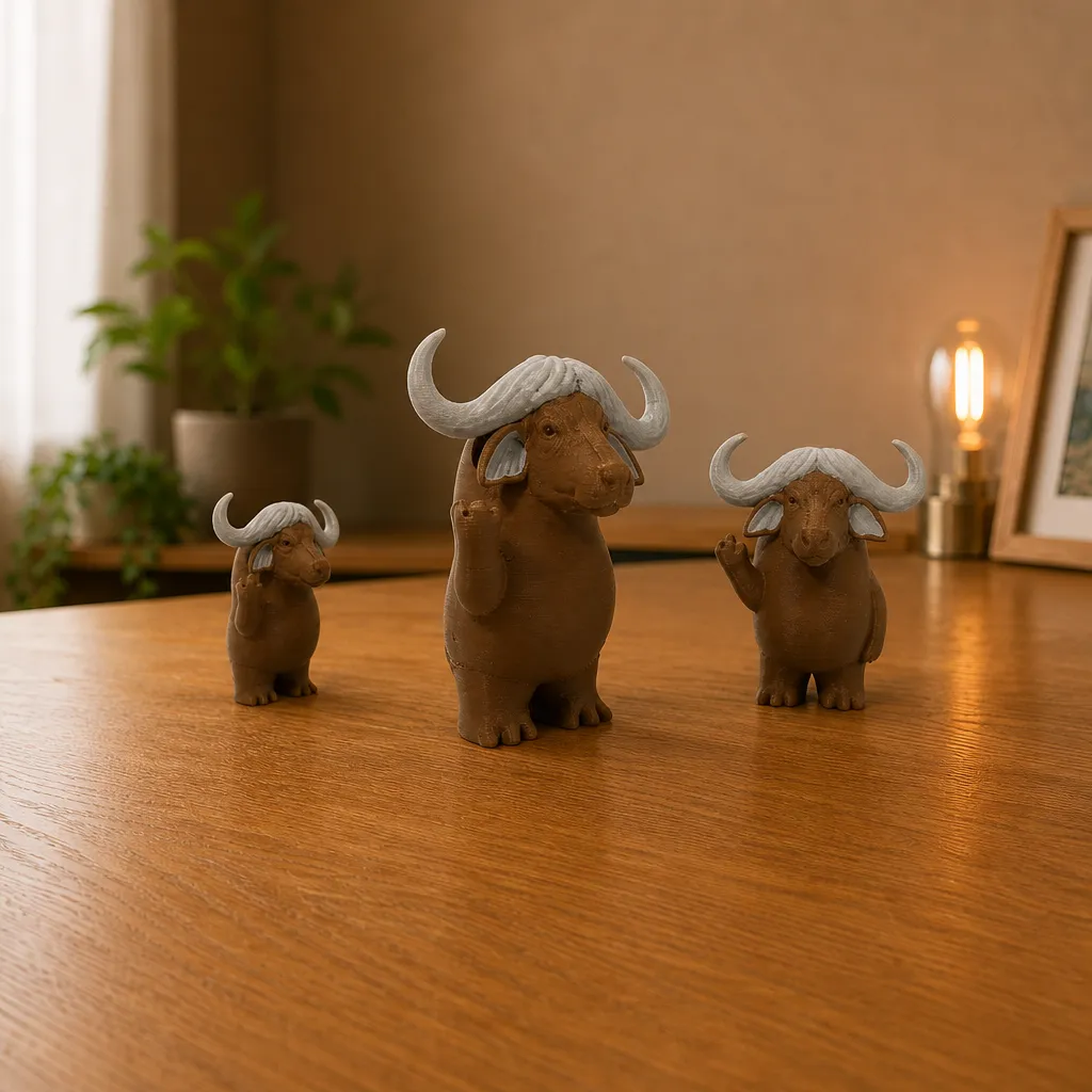 Driekwart zicht op drie formaten van de 3D-geprinte unieke buffelhoorn wanddecoratie in PLA, perfect voor je moderne interieur.