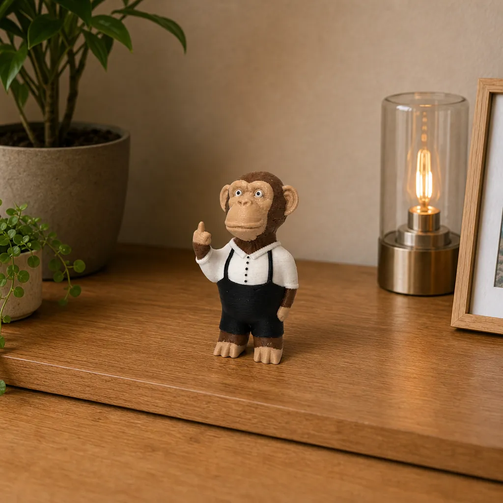 Aapfiguur met attitude, middelvinger voor je bureau
