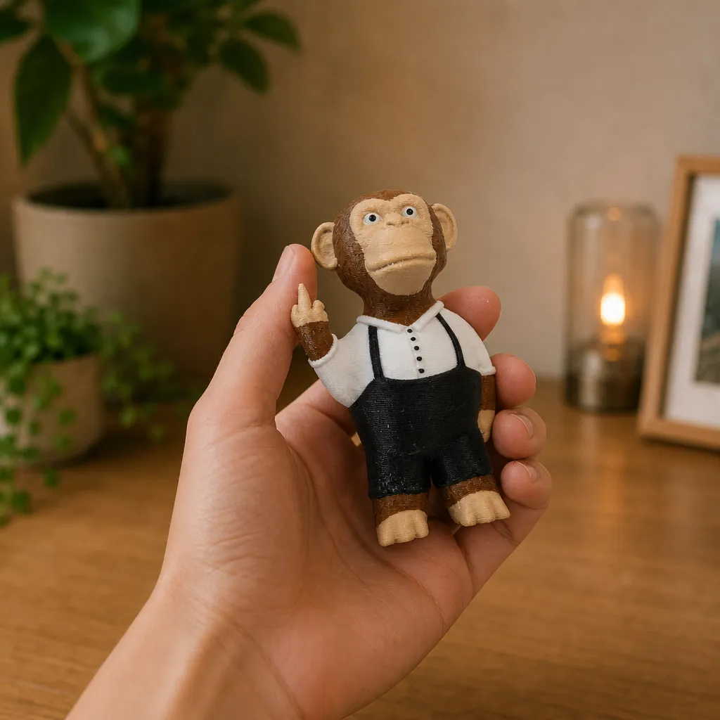 Aapfiguur met attitude, middelvinger voor je bureau