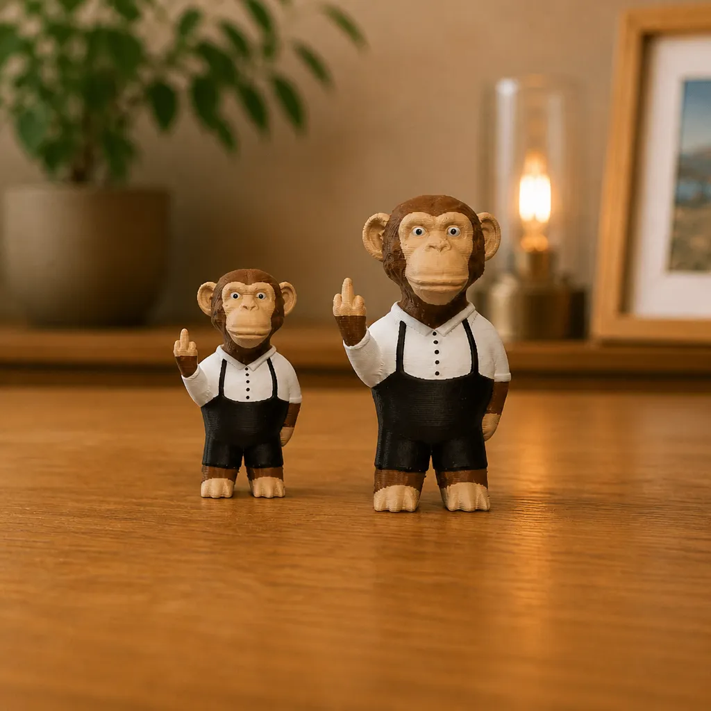 Aapfiguur met attitude, middelvinger voor je bureau
