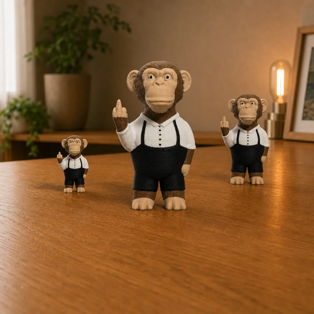 Aapfiguur met attitude, middelvinger voor je bureau