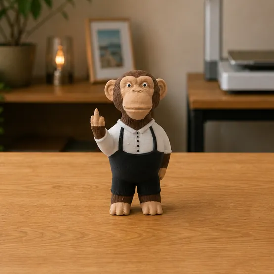 Aapfiguur met attitude, middelvinger voor je bureau