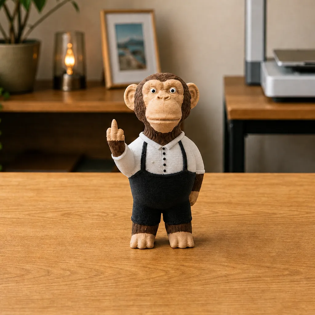 Aapfiguur met attitude, middelvinger voor je bureau