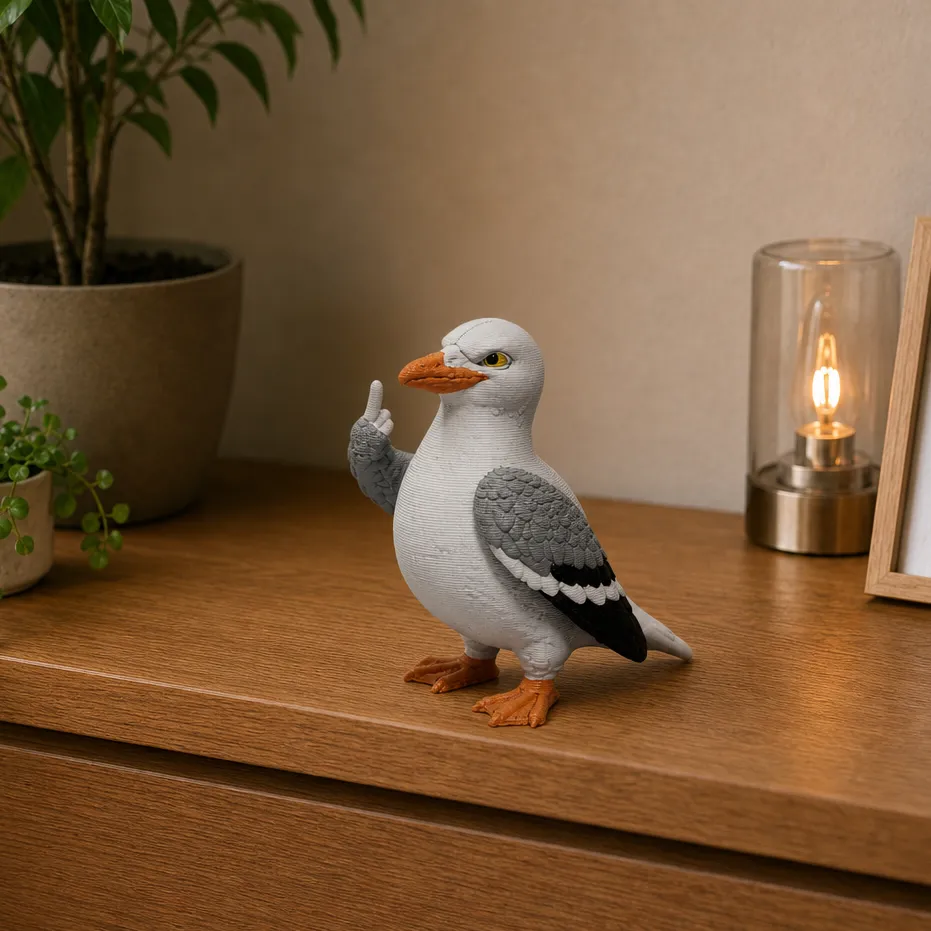 Norse meeuw met opgestoken vleugel staat alleen op een houten plank naast een brandende tafellamp.