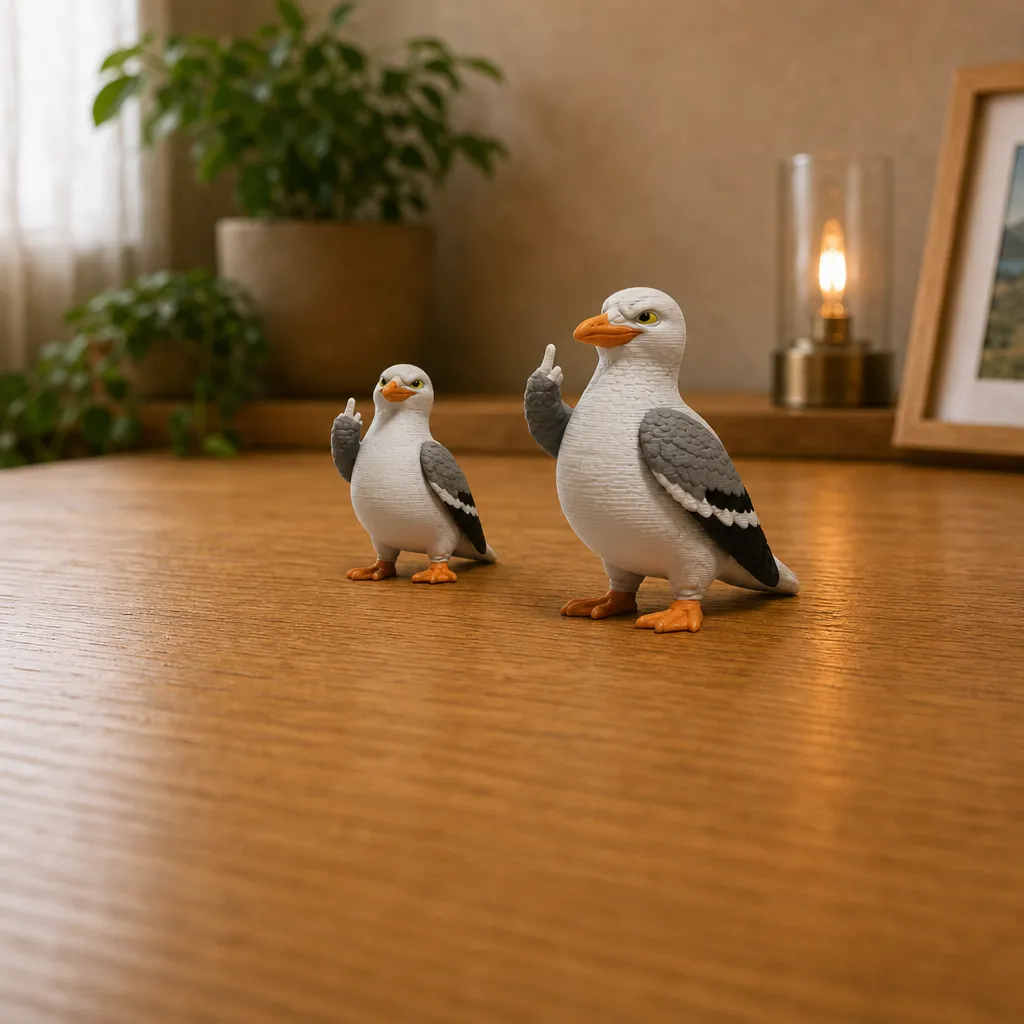 Twee meeuwen met opgestoken vleugel op een houten bureaublad, met de grootste figuur rechts vooraan.