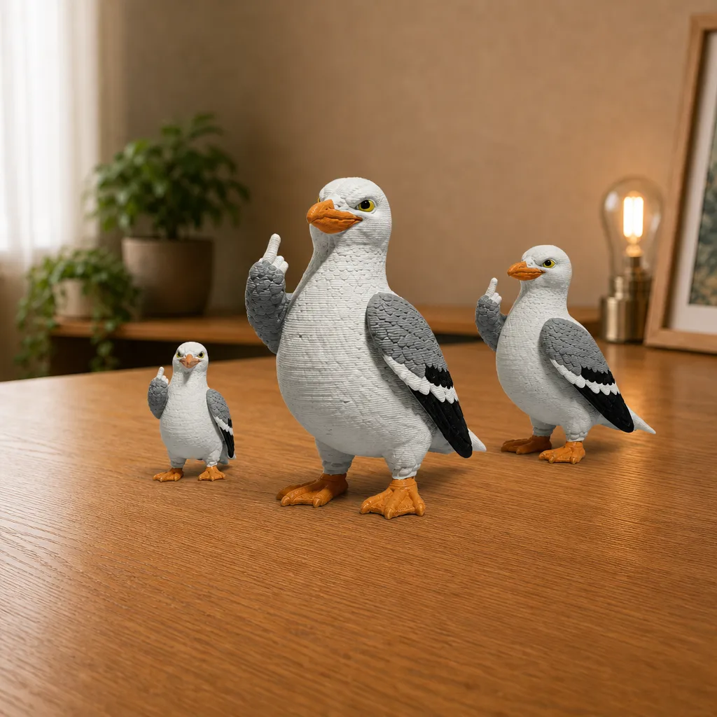 Drie meeuwfiguren met opgestoken vleugel staan naast elkaar op een houten plank, met een grote meeuw in het midden.