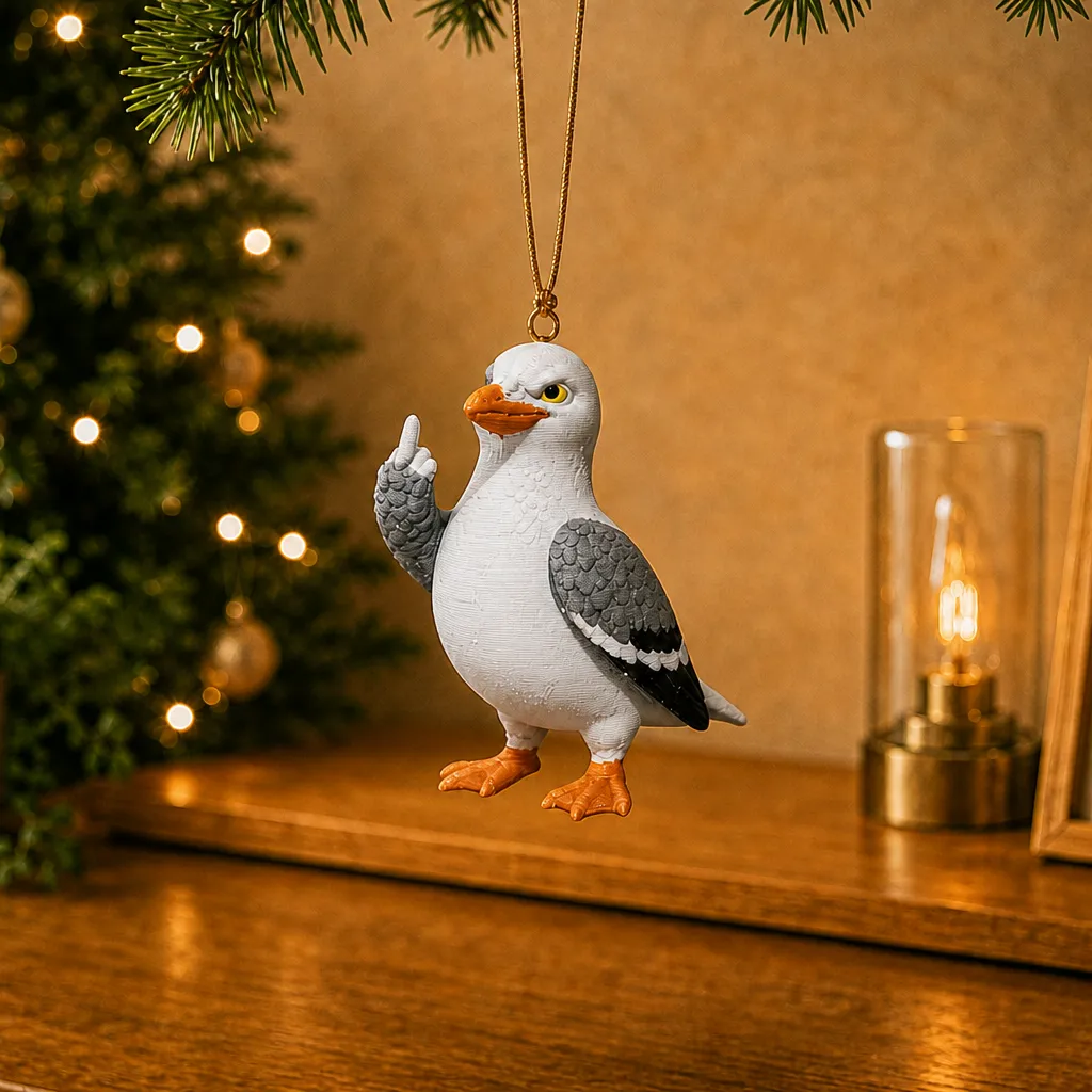De meeuw met opgestoken vleugel hangt aan een dun koord boven een houten plank, voor een verlichte kerstboom.