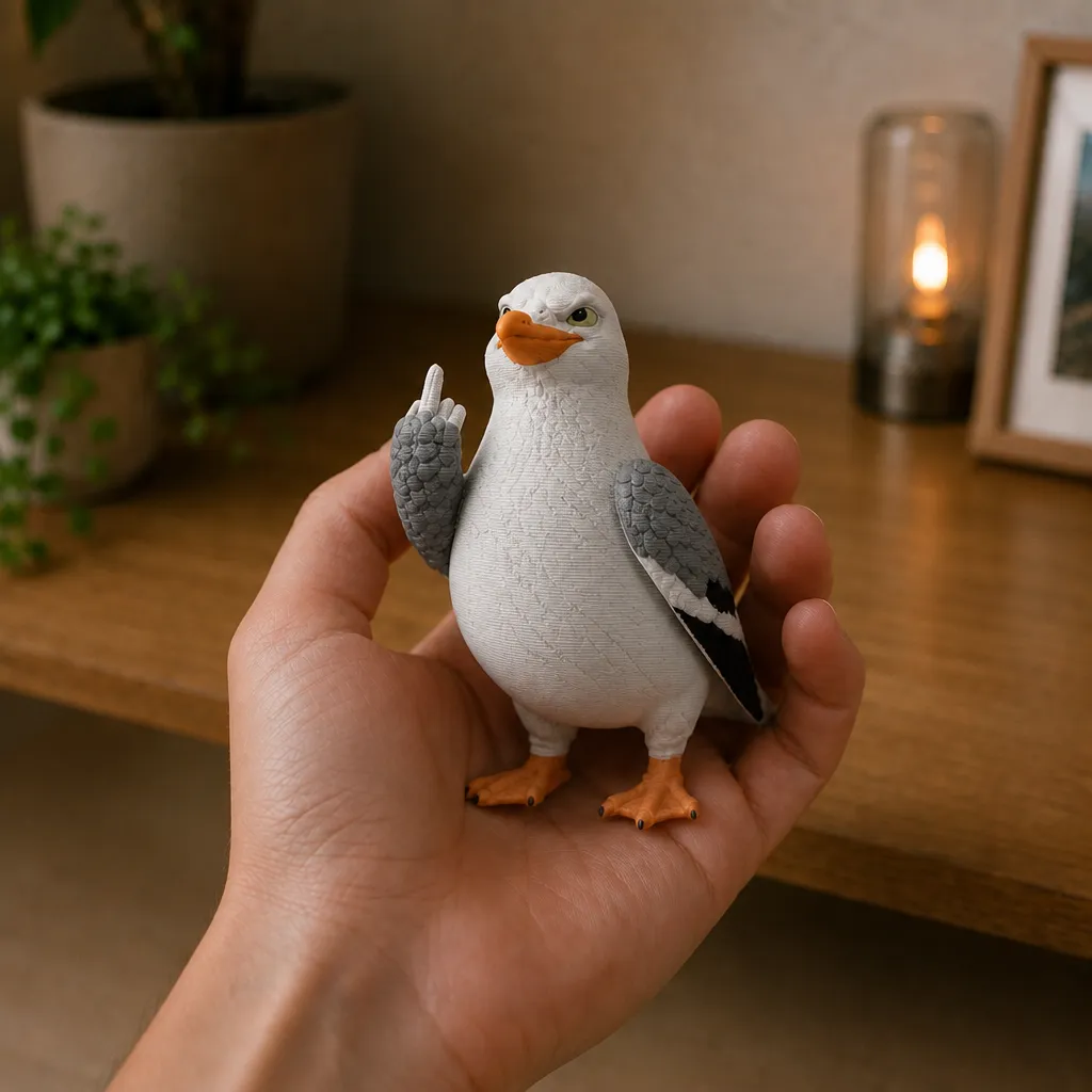 Een hand houdt de norse meeuw met opgestoken vleugel vast, met de grijze vleugels en oranje poten duidelijk zichtbaar.