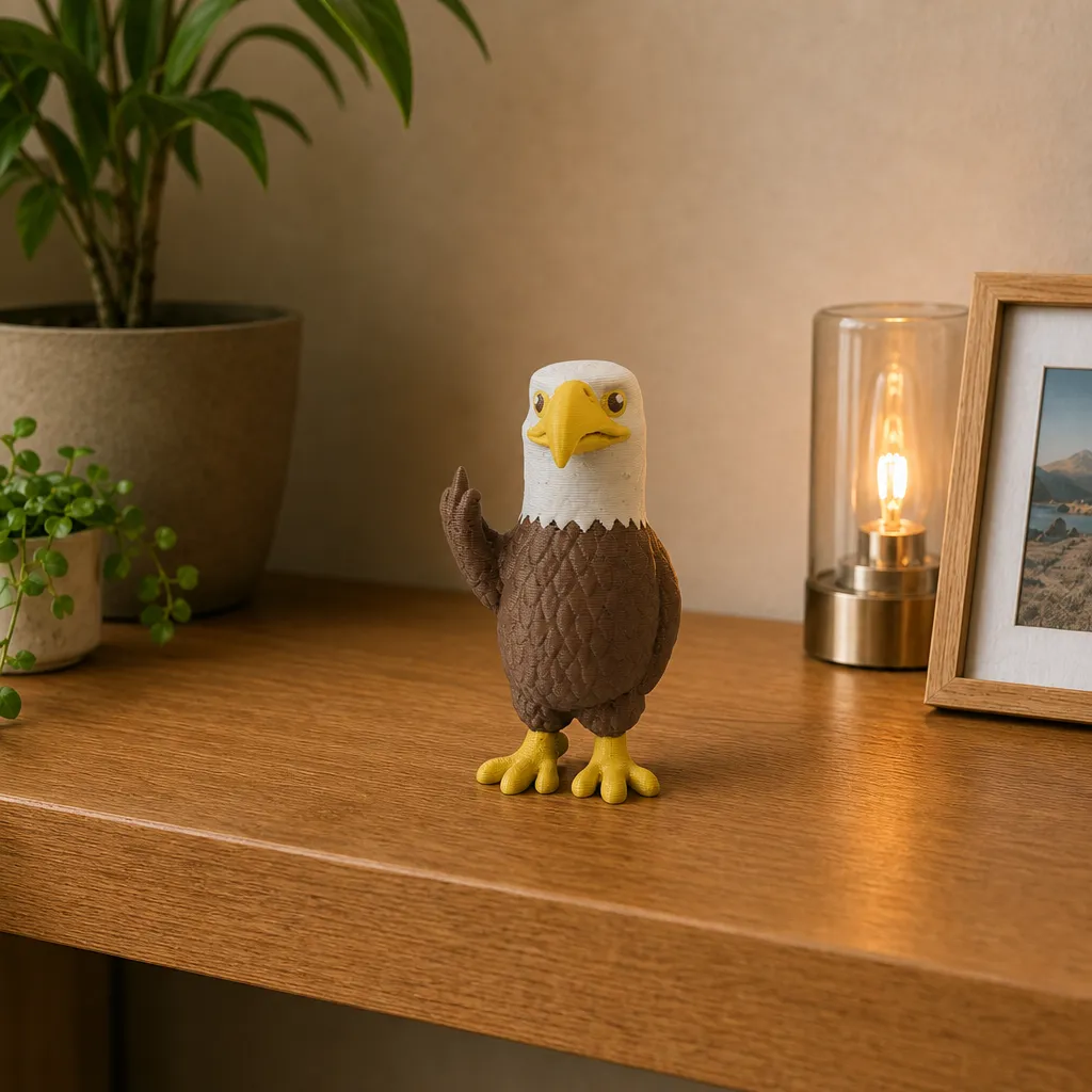 Driekwart van links zie je de 3D-geprinte valk met een knipoog, een grappig plankstuk van matte PLA, perfect voor je bureau.
