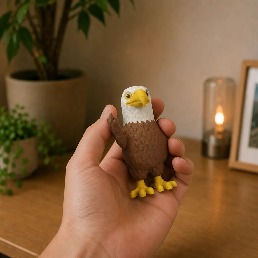 Driekwart van rechts toont deze 3D-geprinte valk met een knipoog van Bambu PLA als grappig bureauaccessoire of cadeau.