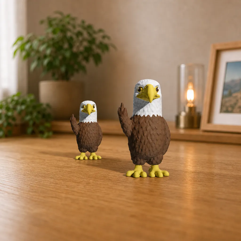 Driekwart zicht op twee formaten van de 3D-geprinte valk met een knipoog, gemaakt van Bambu PLA Matte, perfect als humoristisch bureauaccessoire.