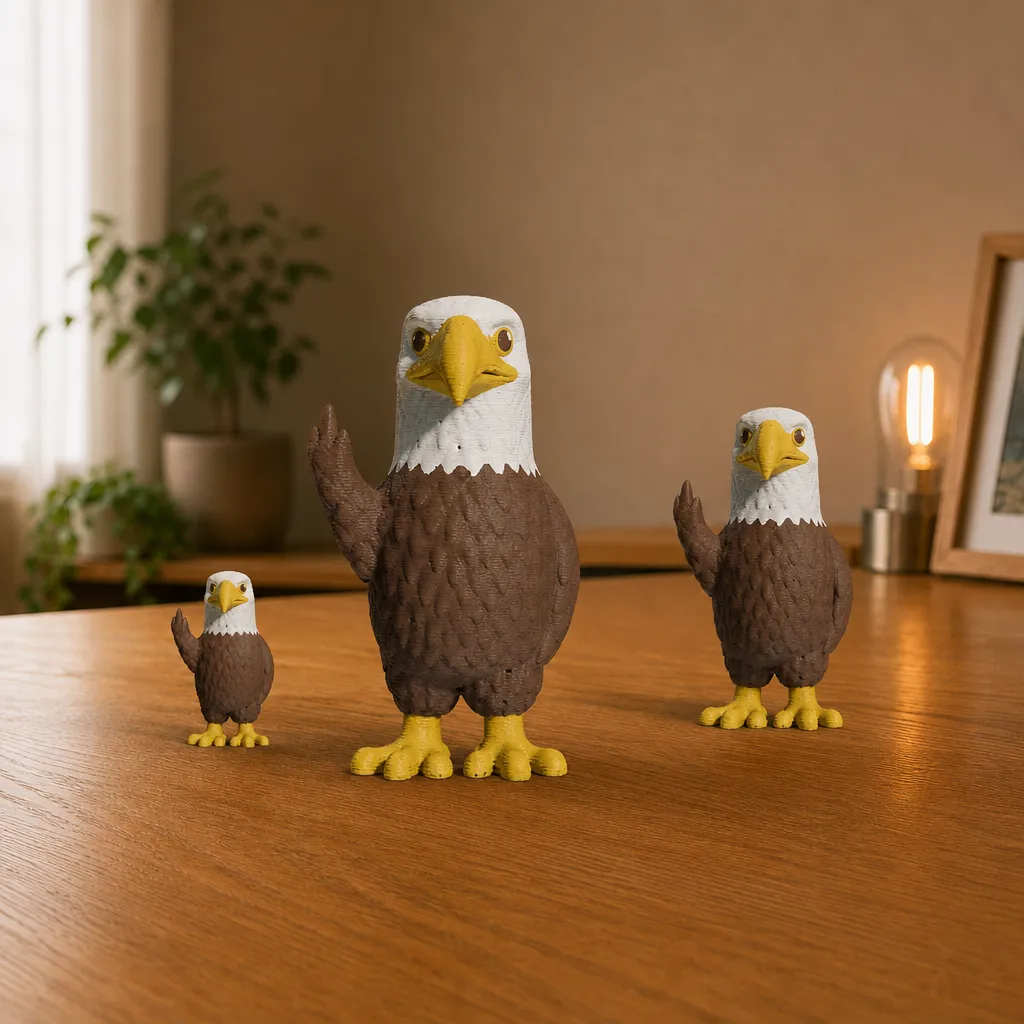 Drie formaten van de 3D-geprinte Valk met een knipoog in Bambu PLA op een houten bureau, perfect als humoristisch plankstuk.